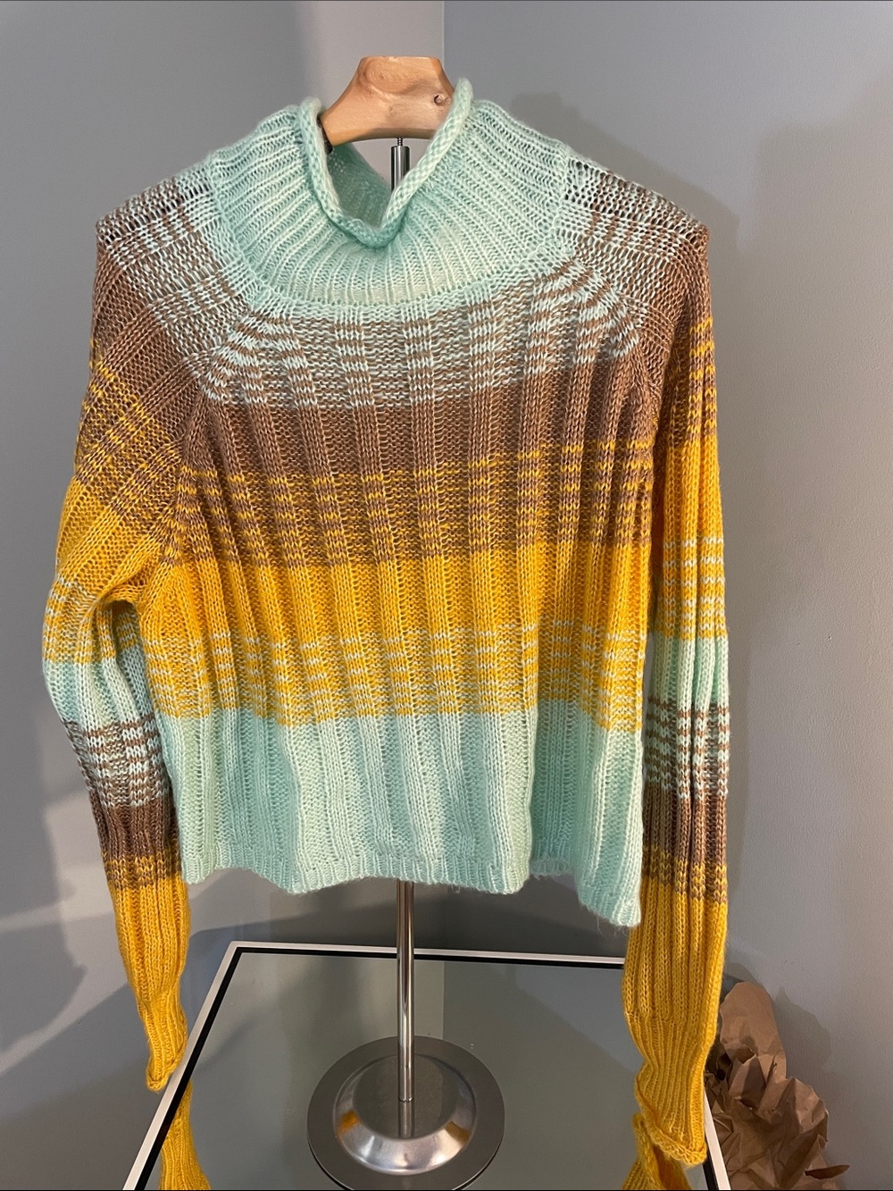 New In Striped Cowlneck Sweater in Mint, Yellow & Brown